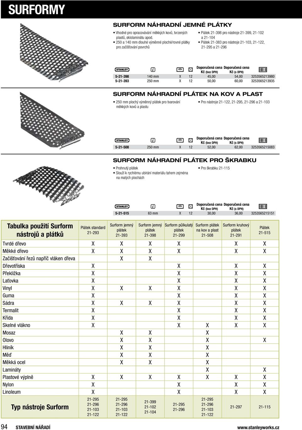 12 45,00 54,00 3253565213980 5-21-393 250 mm X 12 50,00 60,00 3253565213935 SurForM náhradní Plátek na kov a PlaSt 250 mm plochý výměnný plátek pro tvarování měkkých kovů a plastu Pro nástroje