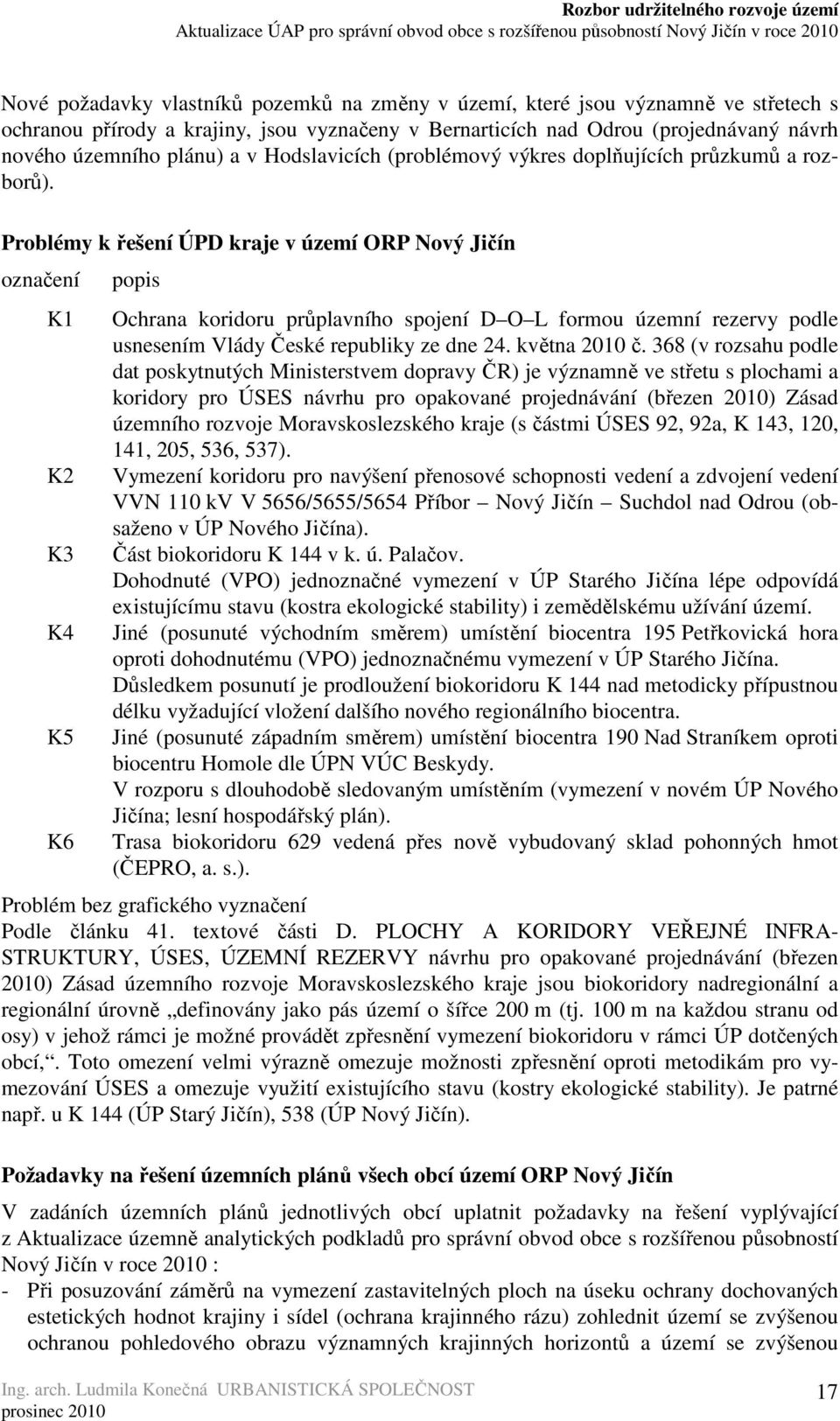 Problémy k řešení ÚPD kraje v území ORP Nový Jičín označení K1 K2 K3 K4 K5 K6 popis Ochrana koridoru průplavního spojení D O L formou územní rezervy podle usnesením Vlády České republiky ze dne 24.