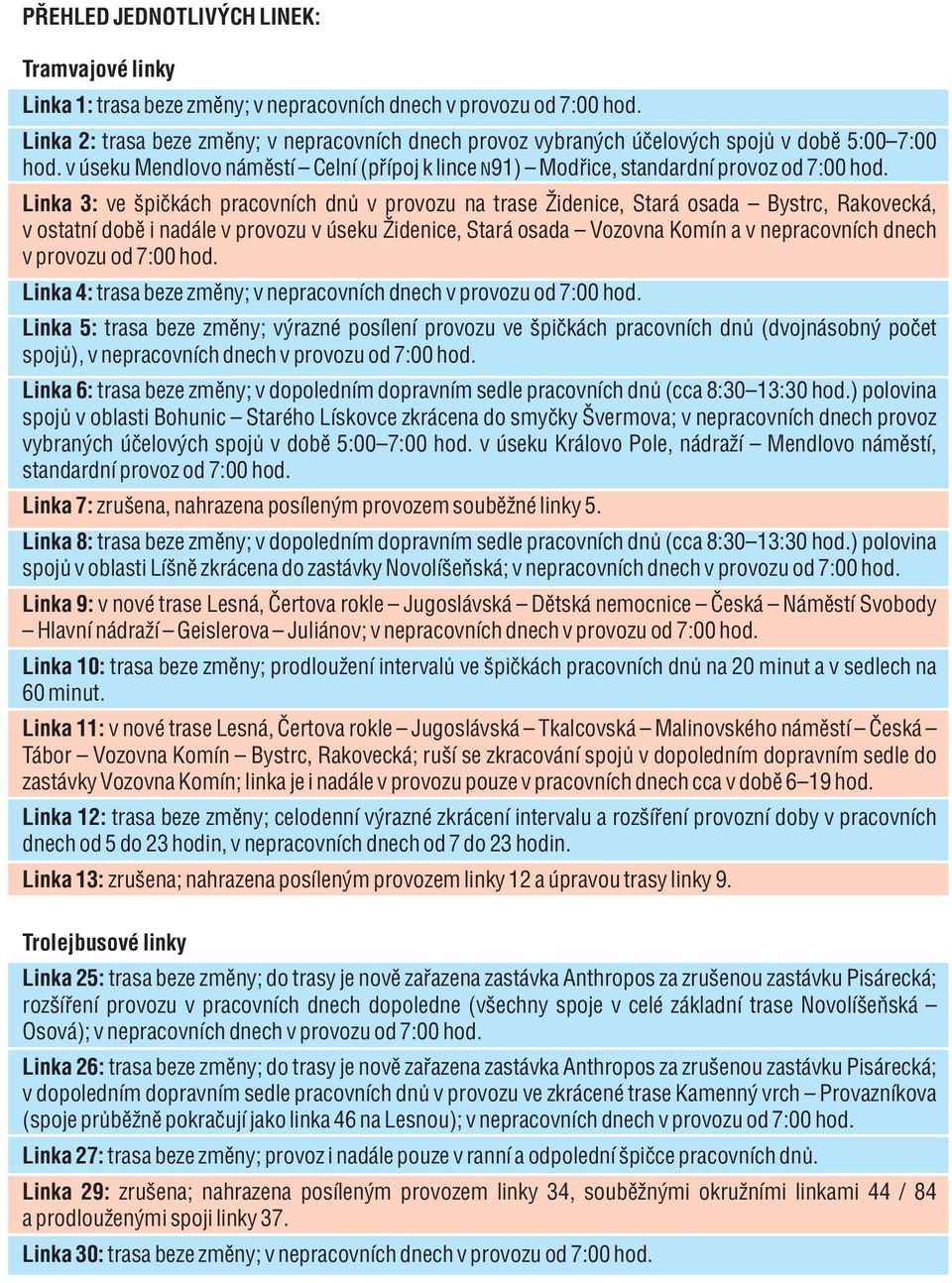 Linka 3: ve špičkách pracovních dnů v provozu na trase Židenice, Stará osada Bystrc, Rakovecká, v ostatní době i nadále v provozu v úseku Židenice, Stará osada Vozovna Komín a v nepracovních dnech v