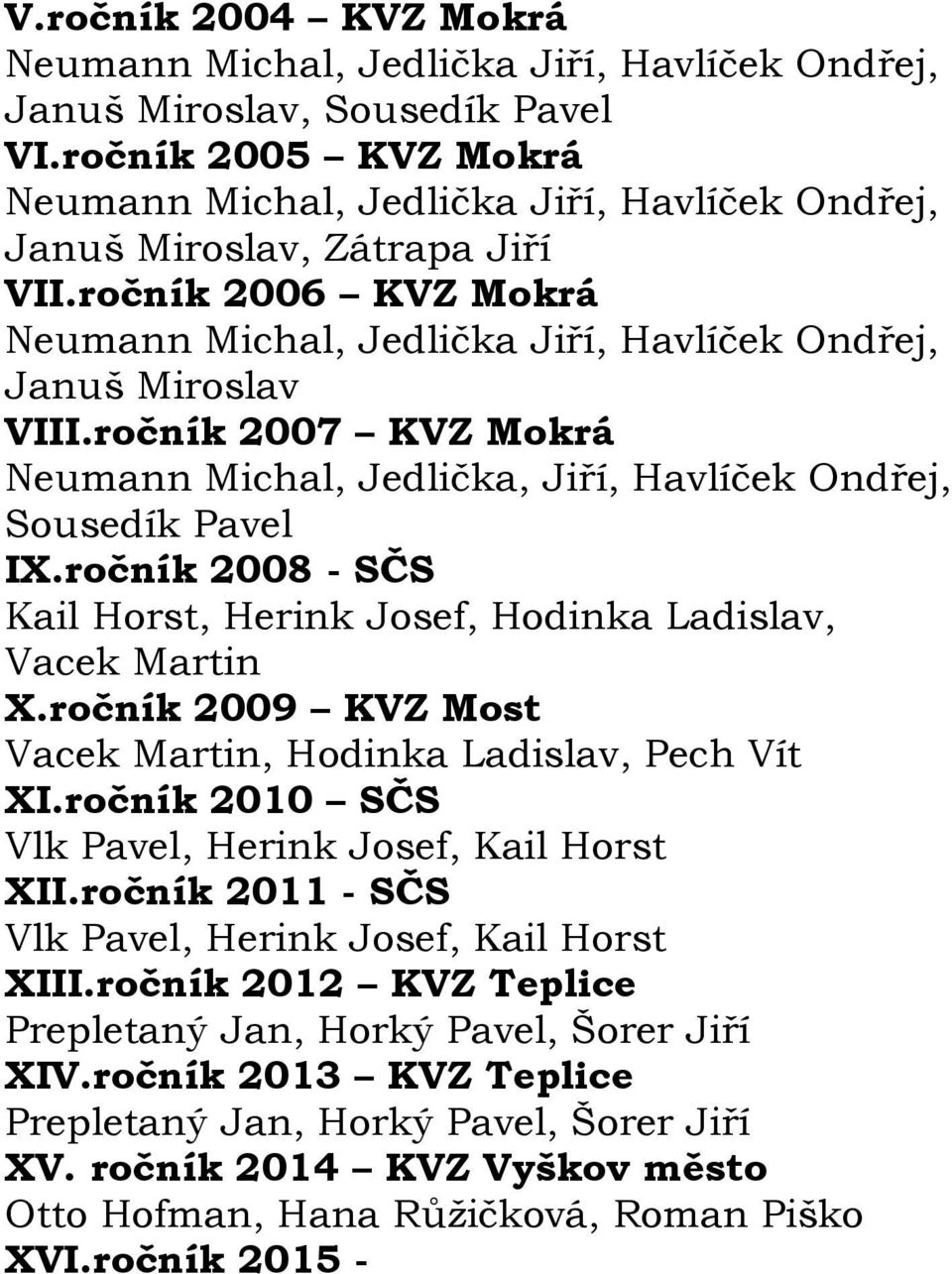 ročník 2009 KVZ Most Vacek Martin, Hodinka Ladislav, Pech Vít XI.ročník 2010 SČS Vlk Pavel, Herink Josef, Kail Horst XII.ročník 2011 - SČS Vlk Pavel, Herink Josef, Kail Horst XIII.