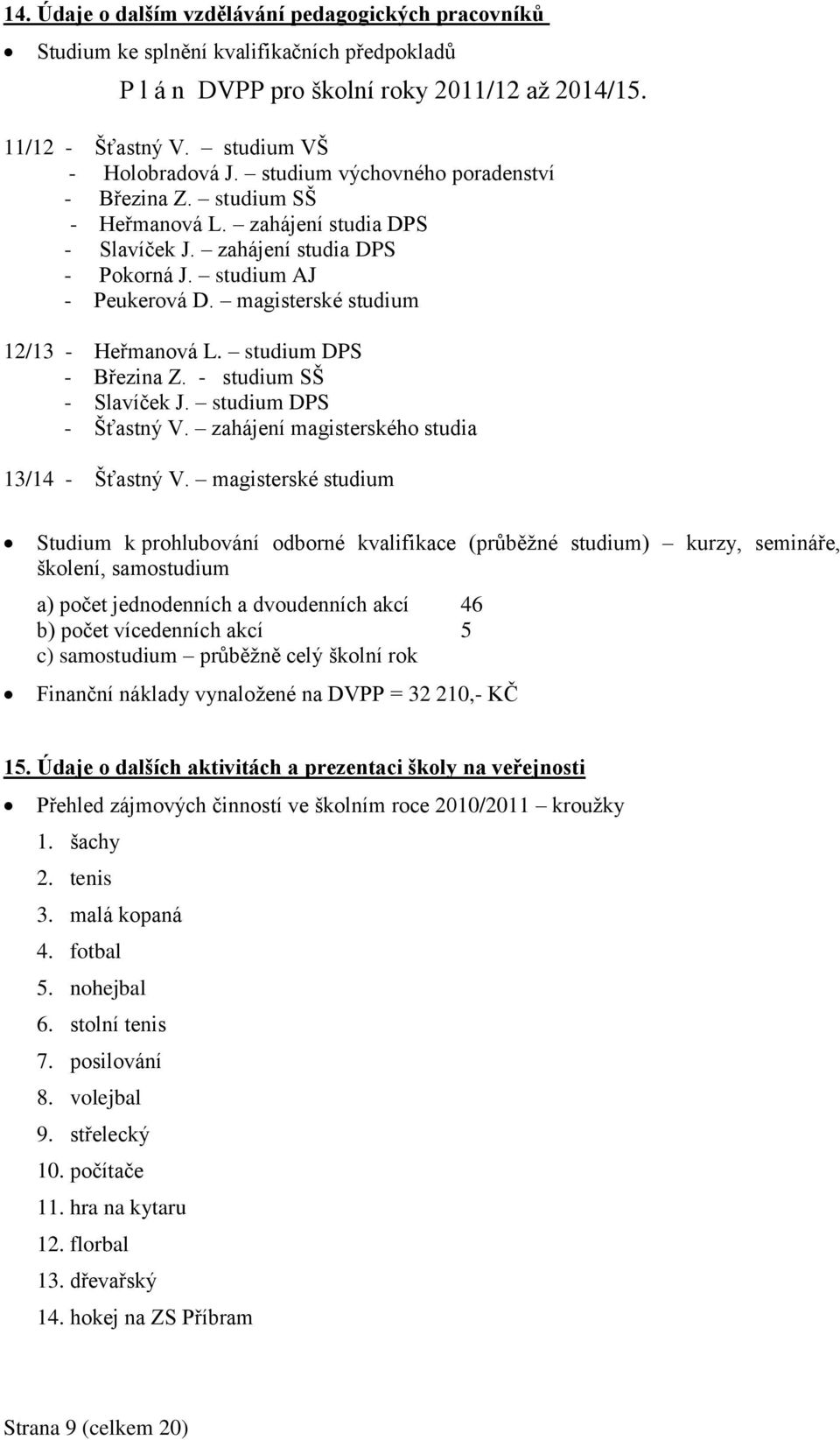 magisterské studium 12/13 - Heřmanová L. studium DPS - Březina Z. - studium SŠ - Slavíček J. studium DPS - Šťastný V. zahájení magisterského studia 13/14 - Šťastný V.