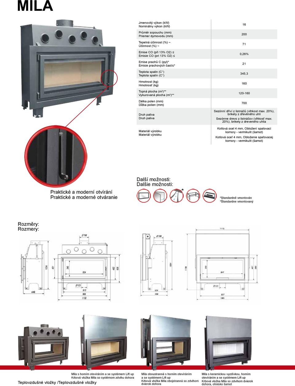 Lift up Krbová vložka Mila so systémom zdvihu dohora Teplovzdušné vložky /Teplovzdušné vložky Mila oboustranná s horním otevíráním a se systémem Lift up Krbová