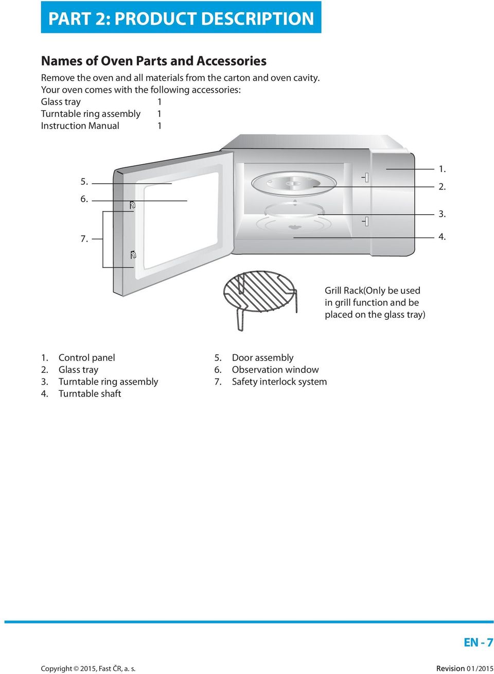 Your oven comes with the following accessories: Glass tray 1 Turntable ring assembly 1 Instruction Manual 1 5. 6. 7. 1. 2.