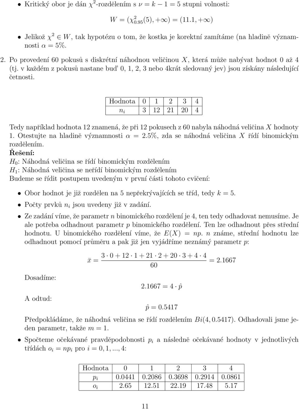 Hodnota 0 1 2 3 4 n i 3 12 21 20 4 Tedy například hodnota 12 znamená, že při 12 pokusech z 60 nabyla náhodná veličina X hodnoty 1. Otestujte na hladině významnosti α = 2.