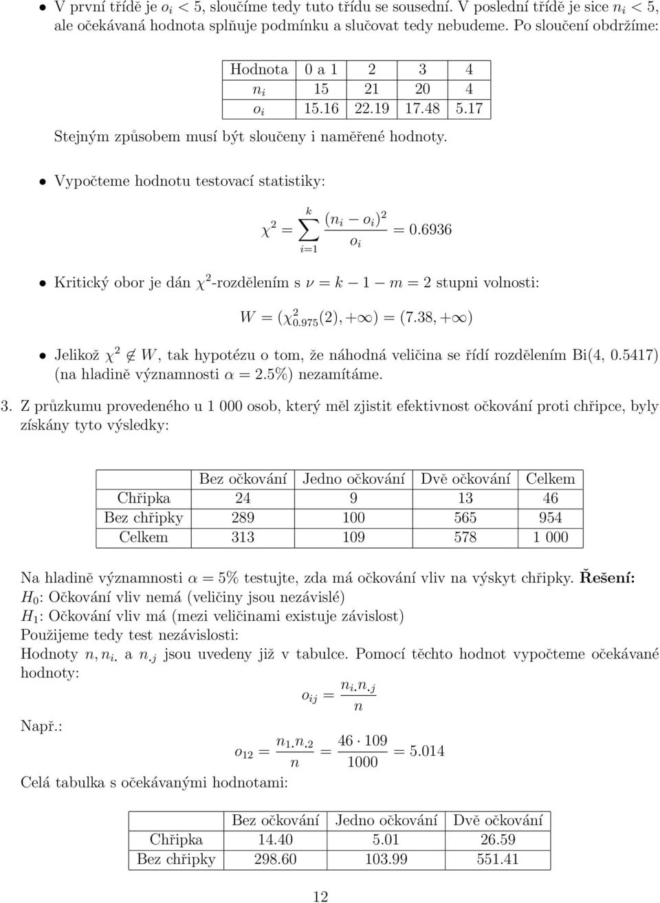 Vypočteme hodnotu testovací statistiky: χ 2 = k (n i o i ) 2 = 0.6936 o i Kritický obor je dán χ 2 -rozdělením s ν = k 1 m = 2 stupni volnosti: W = (χ 2 0.975(2), + ) = (7.
