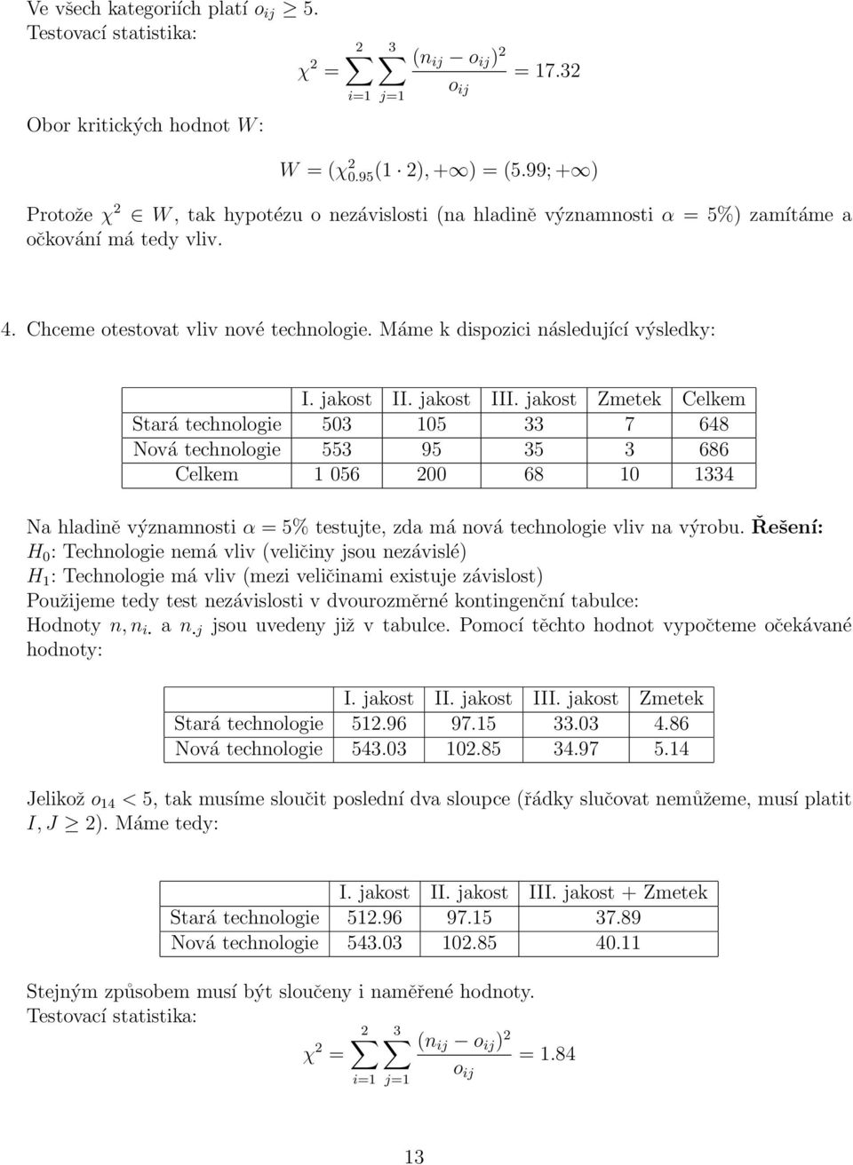 Máme k dispozici následující výsledky: I. jakost II. jakost III.