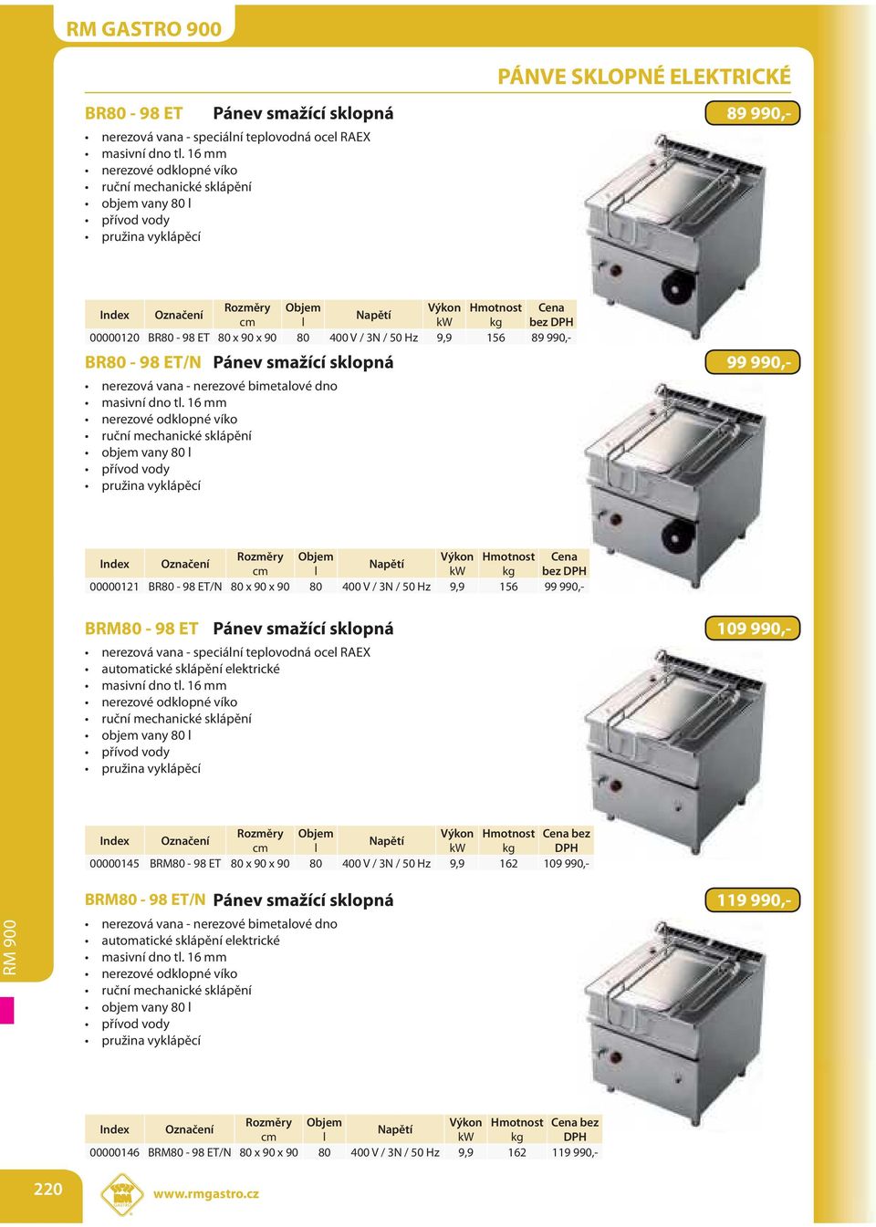 BRM80-98 ET Pánev smažící sklopná 109 990,- Objem Výkon Hmotnost bez DPH