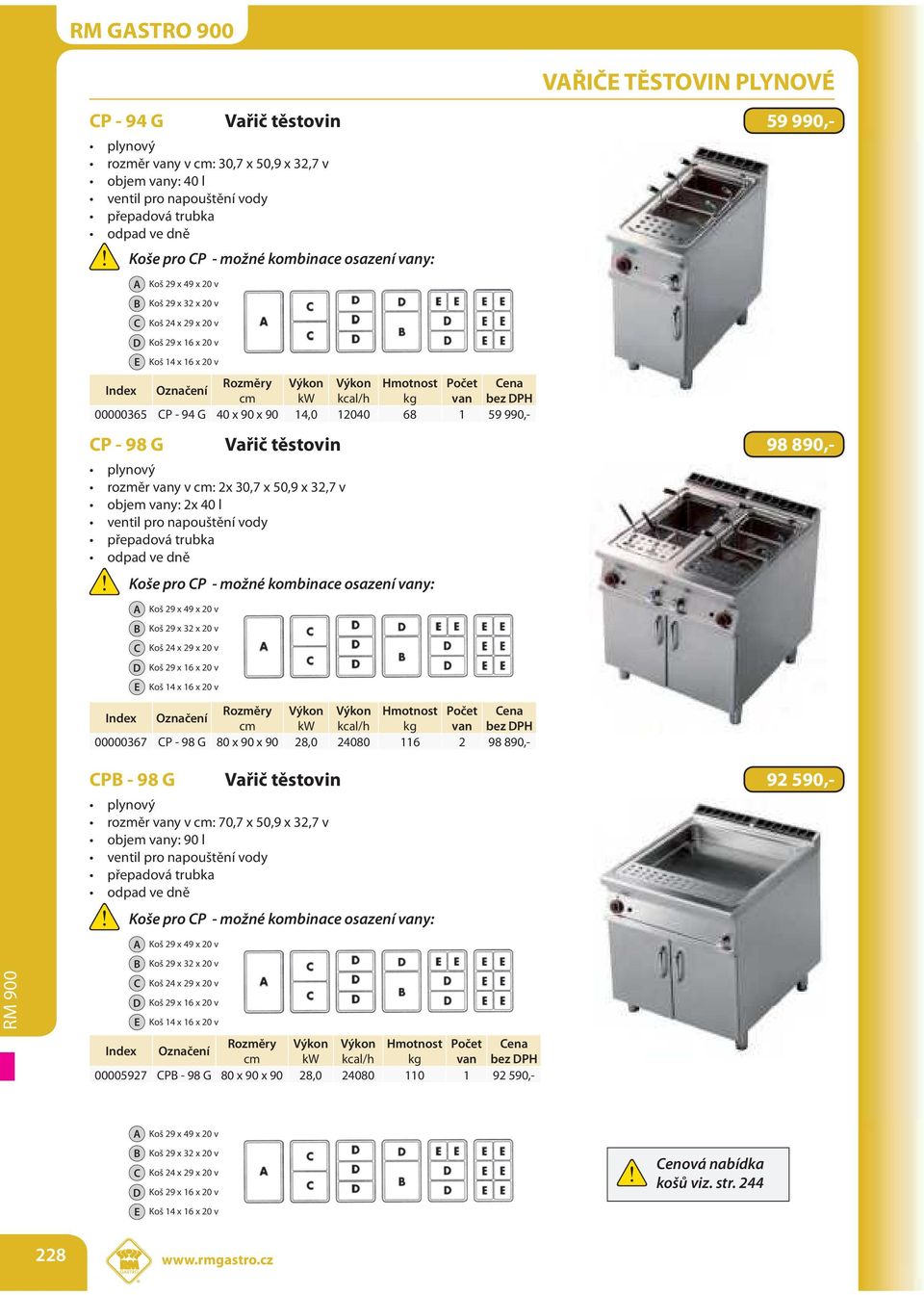 vany: A B C D E Výkon Výkon Hmotnost Počet van CPB - 98 G Vařič těstovin 92 590,- Koše pro CP - možné kombinace