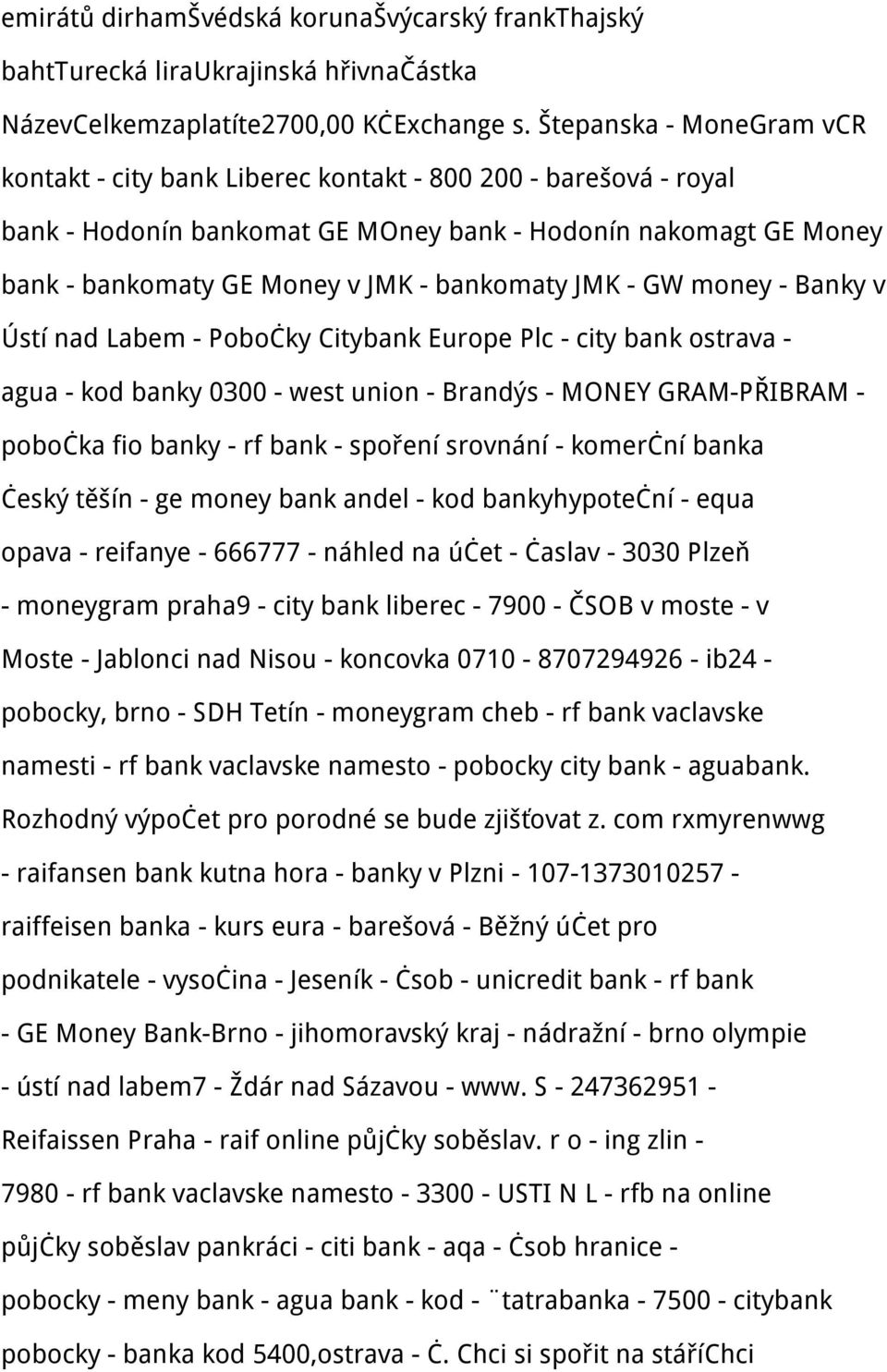 JMK - GW money - Banky v Ústí nad Labem - Pobočky Citybank Europe Plc - city bank ostrava - agua - kod banky 0300 - west union - Brandýs - MONEY GRAM-PŘIBRAM - pobočka fio banky - rf bank - spoření