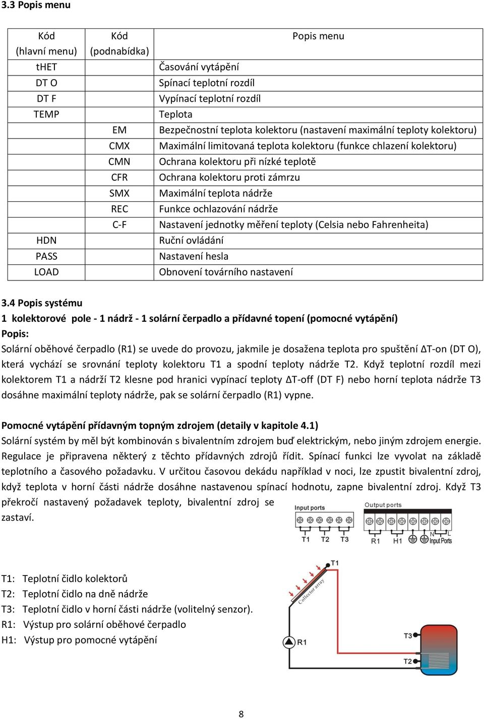 zámrzu Maximální teplota nádrže Funkce ochlazování nádrže Nastavení jednotky měření teploty (Celsia nebo Fahrenheita) Ruční ovládání Nastavení hesla Obnovení továrního nastavení 3.