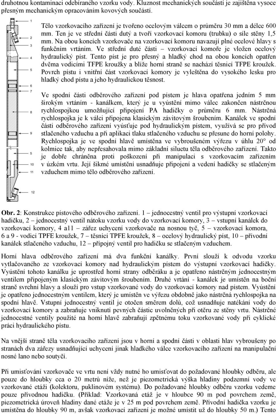 Na obou koncích vzorkovače na vzorkovací komoru navazují plné ocelové hlavy s funkčním vrtáním. Ve střední duté části vzorkovací komoře je vložen ocelový hydraulický píst.