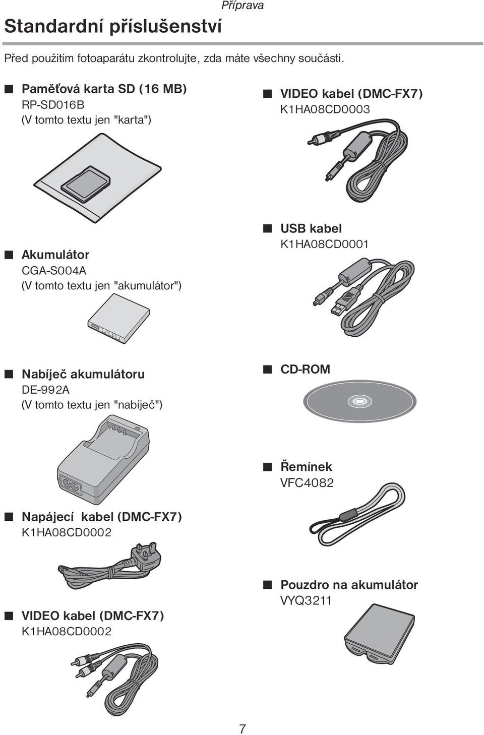 CGA-S004A (V tomto textu jen "akumulátor") 7 USB kabel K1HA08CD0001 7 Nabíječ akumulátoru DE-992A (V tomto textu jen