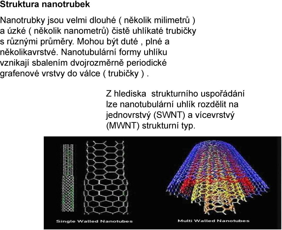 Nanotubulární formy uhlíku vznikají sbalením dvojrozměrně periodické grafenové vrstvy do válce (