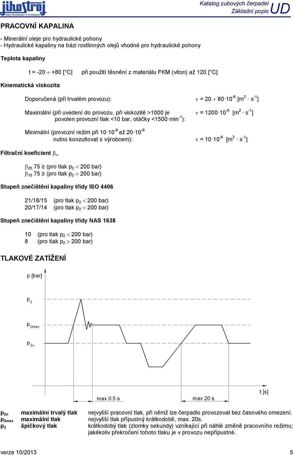 s -1 ] povolen provozní tlak <10 bar, otáčky <1500 min -1 ): Minimální (provozní režim při 10 10-6 až 20 10-6 nutno konzultovat s výrobcem): = 10 10-6 [m 2 s -1 ] Filtrační koeficient 25 75 (pro tlak