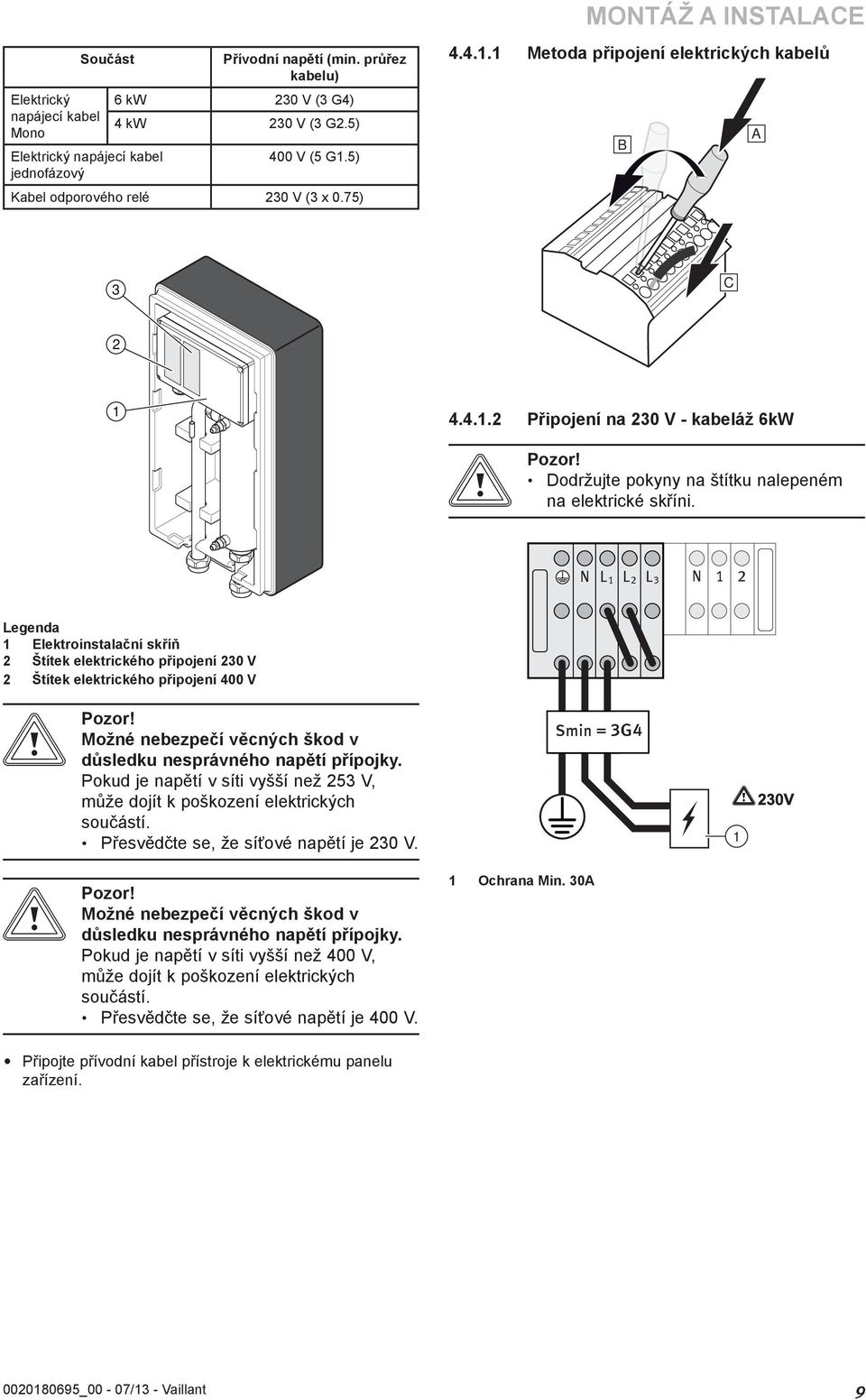 N N L3L LL LL 3 0 N 0 Elektroinstalační skříň Štítek elektrického připojení 30 V Štítek elektrického připojení 400 V Možné nebezpečí věcných škod v důsledku nesprávného napětí přípojky.