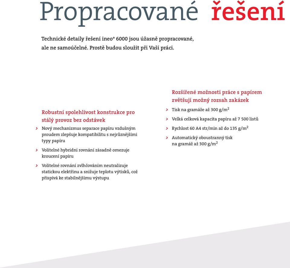 zlepšuje kompatibilitu s nejrůznějšími typy papíru > Volitelné hybridní rovnání zásadně omezuje kroucení papíru > Tisk na gramáže až 300 g/m 2 > Velká celková kapacita papíru až 7 500