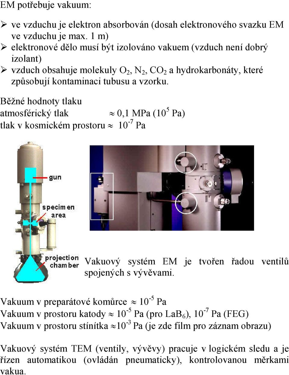 Běžné hodnoty tlaku atmosférický tlak 0,1 MPa (10 5 Pa) tlak v kosmickém prostoru 10-7 Pa Vakuový systém EM je tvořen řadou ventilů spojených s vývěvami.