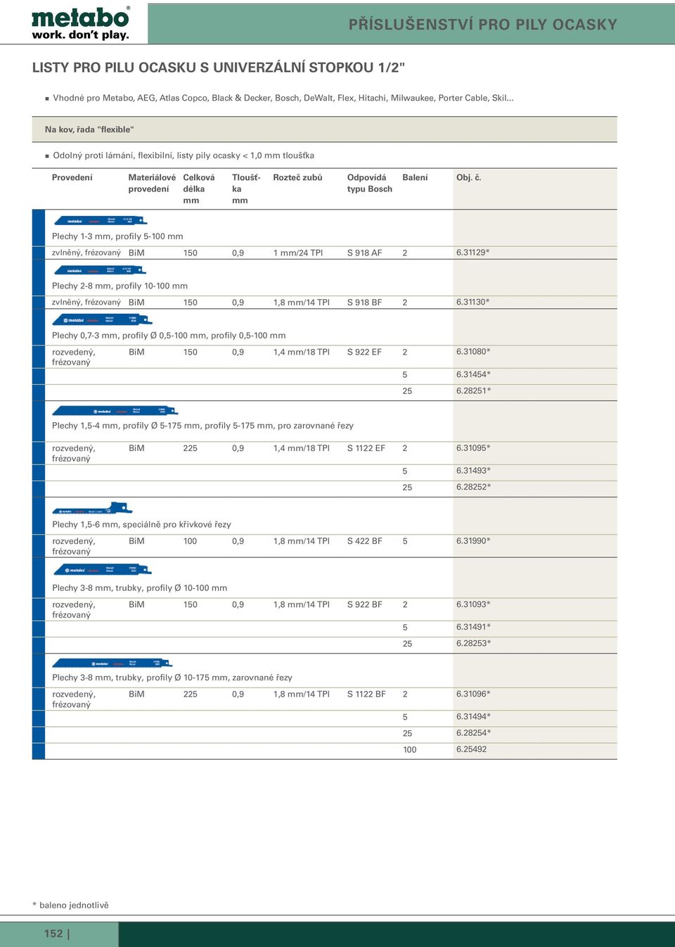 31129* Plechy 2-8, profily 10-100 zvlněný, BiM 150 0,9 1,8 /14 TPI S 918 BF 2 6.31130* Plechy 0,7-3, profily Ø 0,5-100, profily 0,5-100 BiM 150 0,9 1,4 /18 TPI S 922 EF 2 6.31080* 5 6.31454* 25 6.