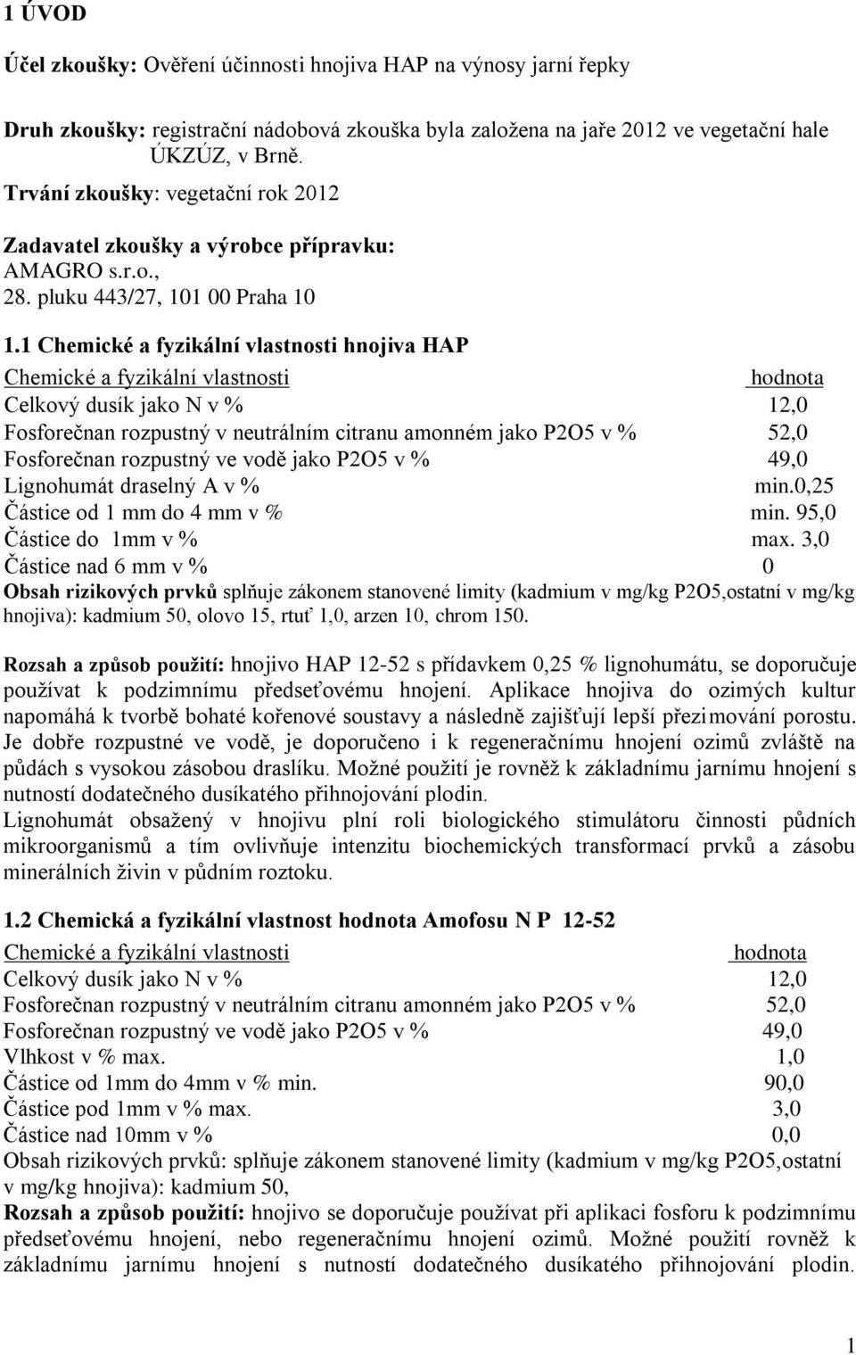 1 Chemické a fyzikální vlastnosti hnojiva HAP Chemické a fyzikální vlastnosti hodnota Celkový dusík jako N v % 12,0 Fosforečnan rozpustný v neutrálním citranu amonném jako P2O5 v % 52,0 Fosforečnan