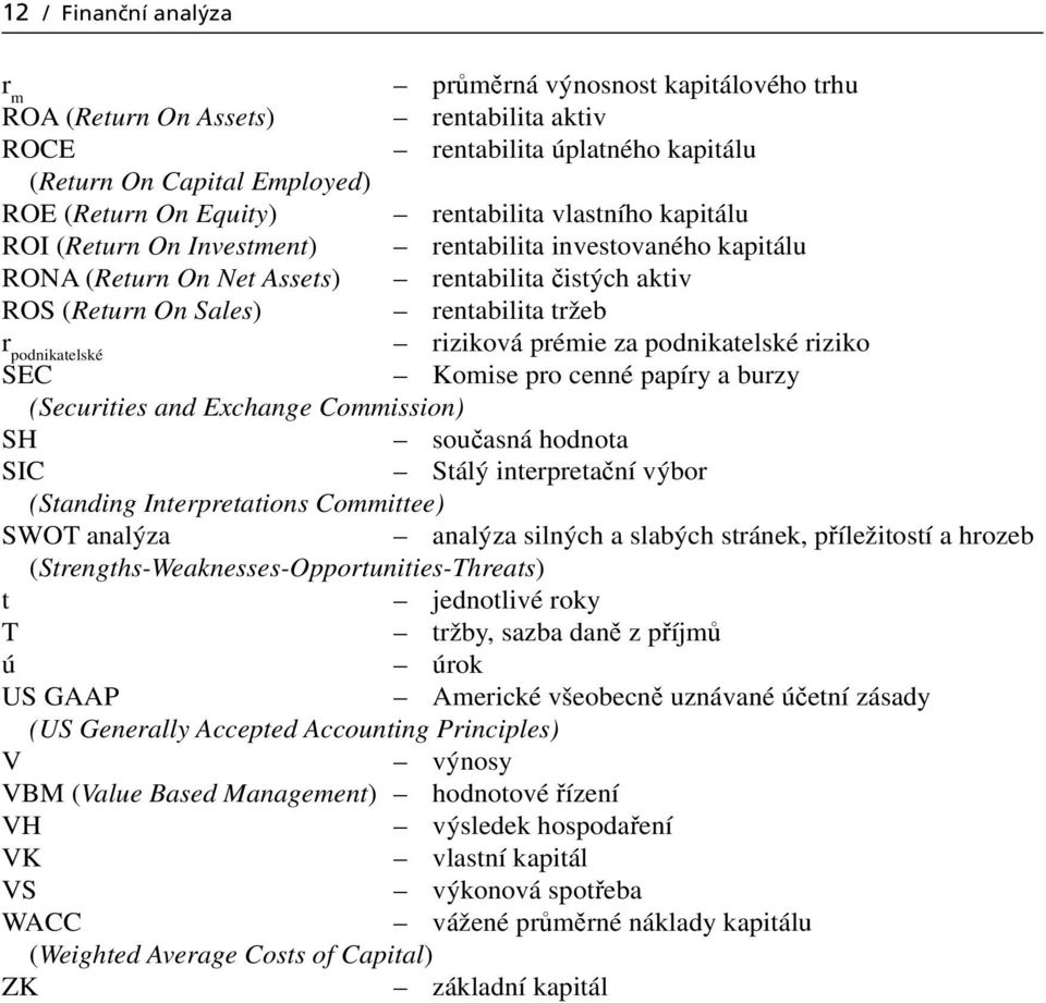 podnikatelské riziková prémie za podnikatelské riziko SEC Komise pro cenné papíry a burzy (Securities and Exchange Commission) SH současná hodnota SIC Stálý interpretační výbor (Standing