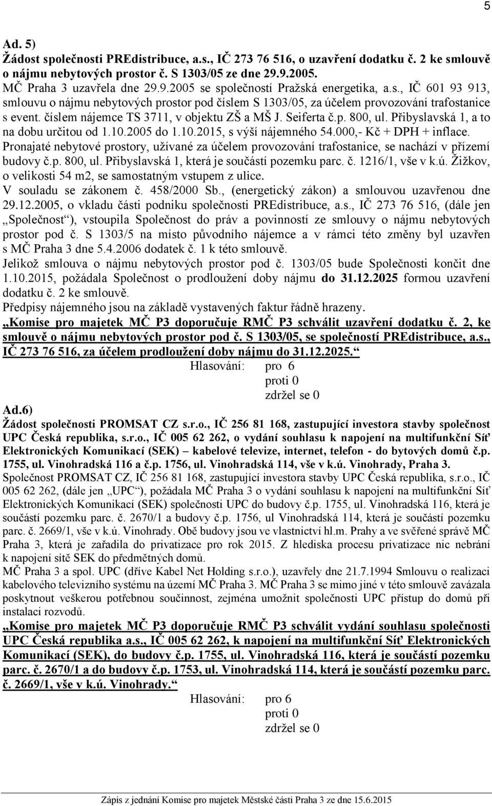 Přibyslavská 1, a to na dobu určitou od 1.10.2005 do 1.10.2015, s výší nájemného 54.000,- Kč + DPH + inflace.