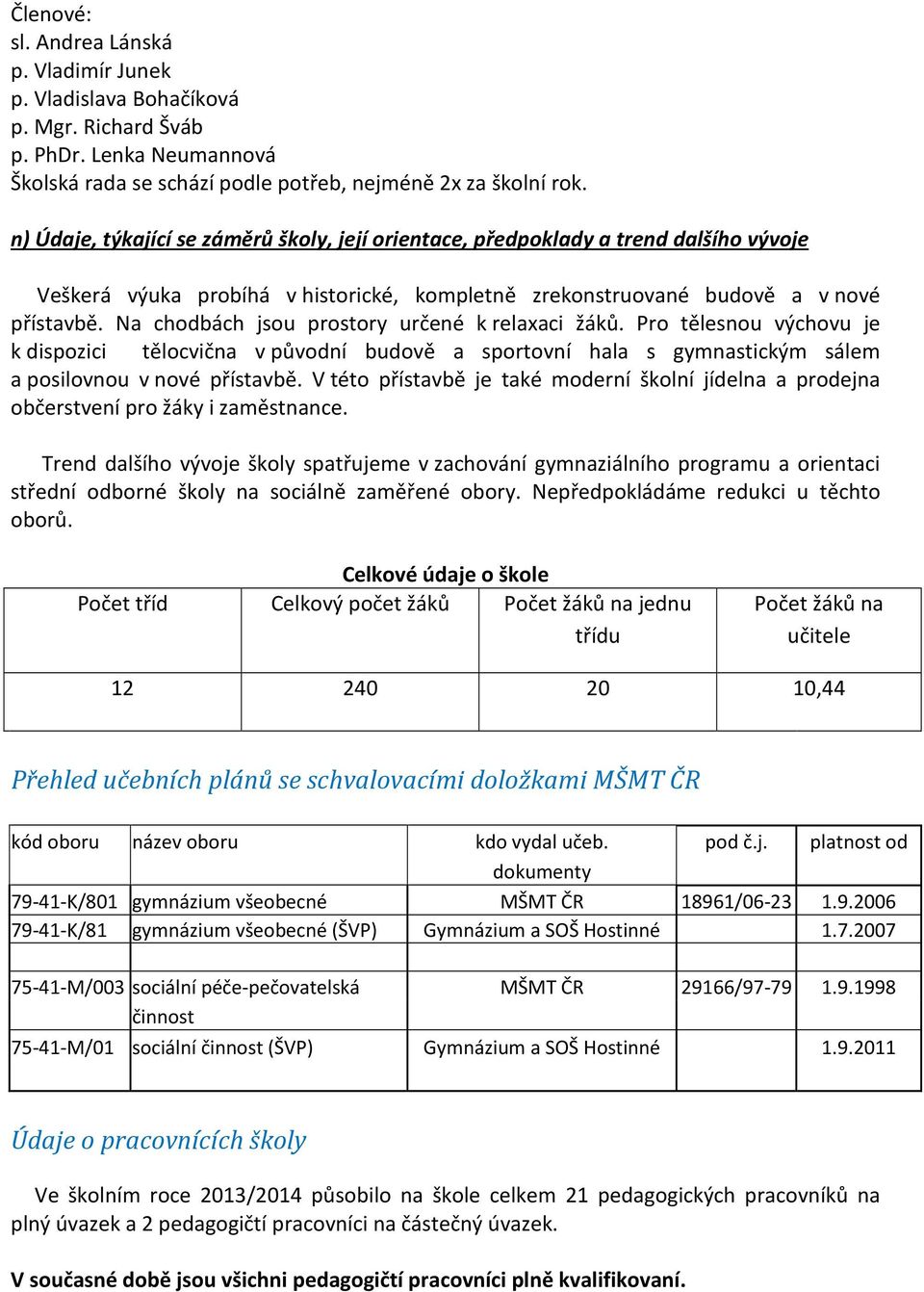 Na chodbách jsou prostory určené k relaxaci žáků. Pro tělesnou výchovu je k dispozici tělocvična v původní budově a sportovní hala s gymnastickým sálem a posilovnou v nové přístavbě.