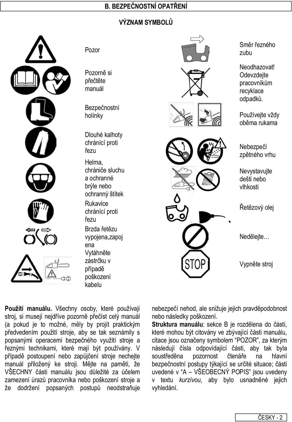 Používejte vždy obma rukama Nebezpeí zptného vrhu Nevystavujte dešti nebo vlhkosti etzový olej Nedlejte Vypnte stroj Použití manuálu.