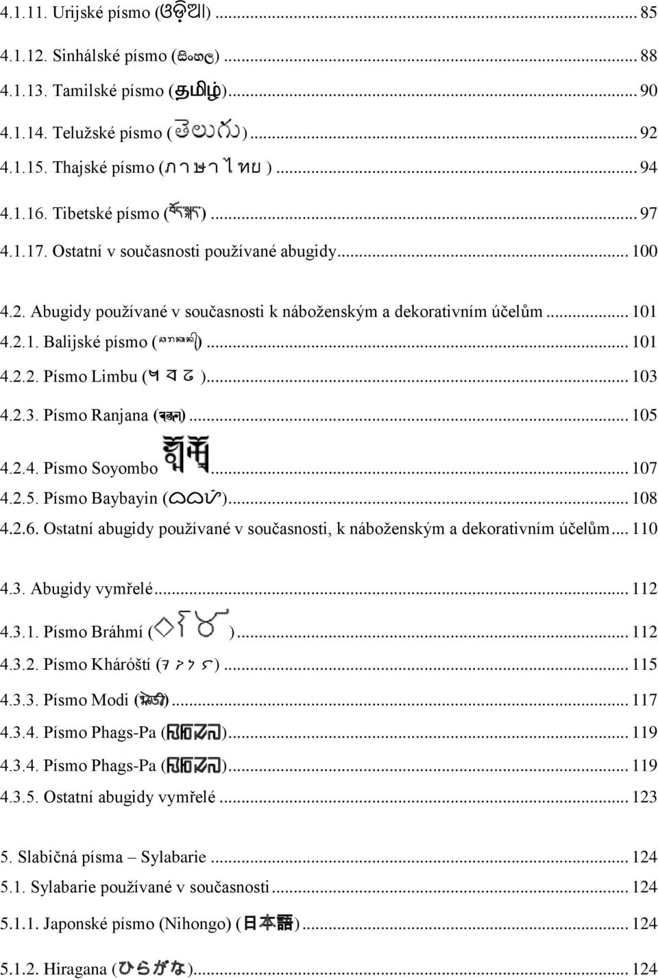 .. 103 4.2.3. Písmo Ranjana ( )... 105 4.2.4. Písmo Soyombo... 107 4.2.5. Písmo Baybayin ( )... 108 4.2.6. Ostatní abugidy pouţívané v současnosti, k náboţenským a dekorativním účelům... 110 4.3. Abugidy vymřelé.