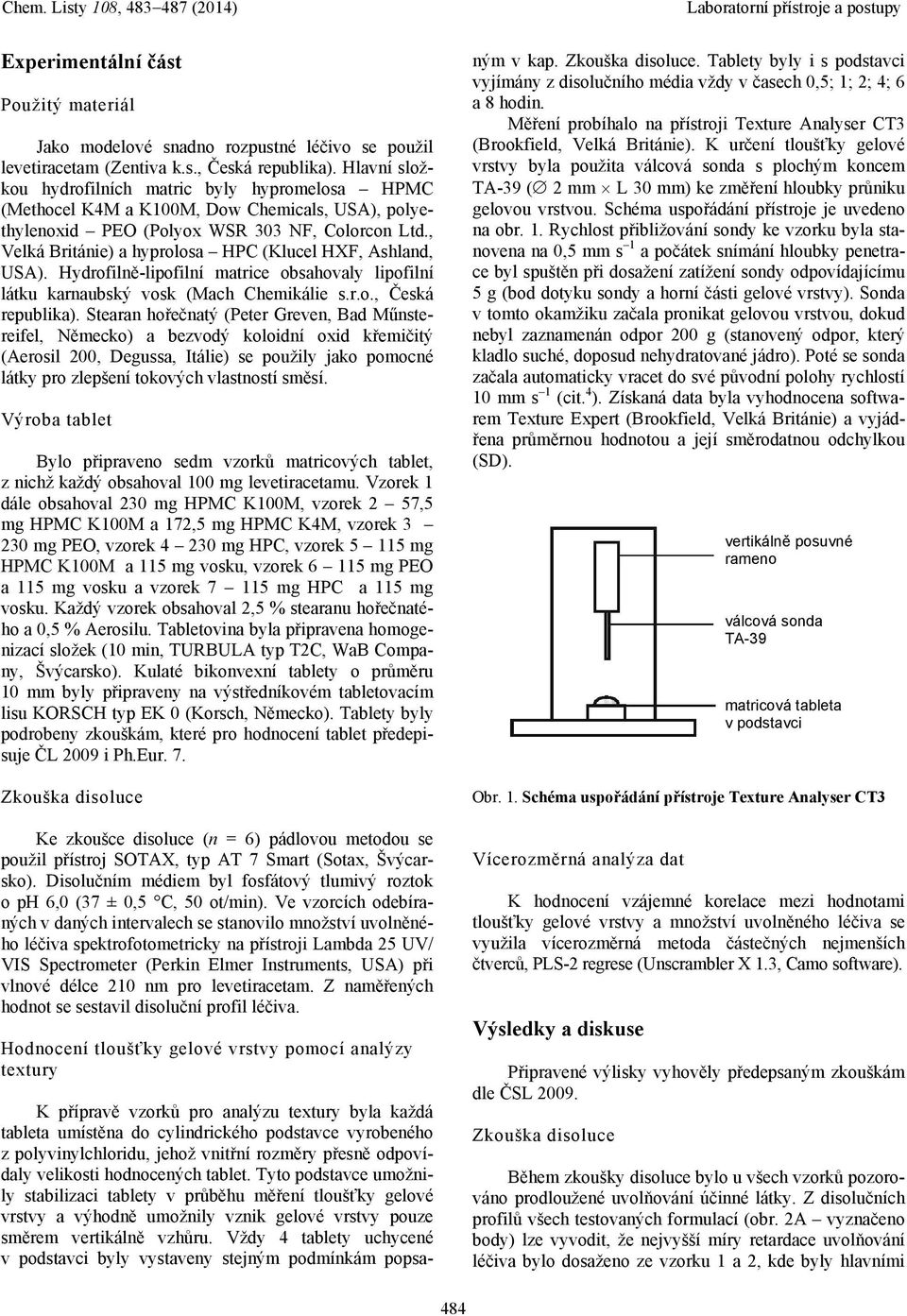 , Velká Británie) a hyprolosa HPC (Klucel HXF, Ashland, USA). Hydrofilně-lipofilní matrice obsahovaly lipofilní látku karnaubský vosk (Mach Chemikálie s.r.o., Česká republika).