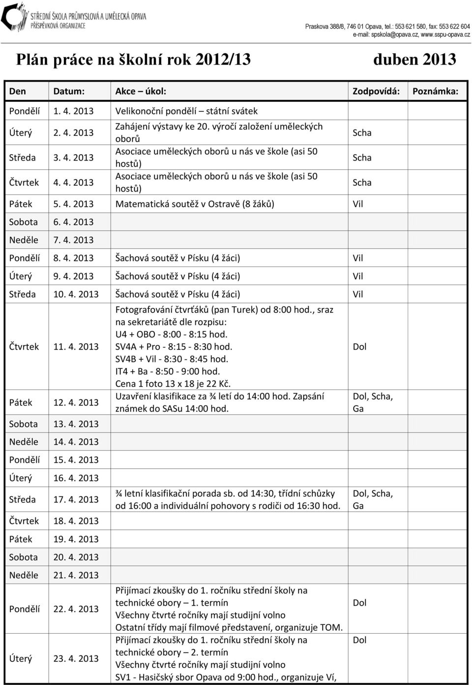 2013 Matematická soutěž v Ostravě (8 žáků) Vil Sobota 6. 4. 2013 Neděle 7. 4. 2013 Pondělí 8. 4. 2013 Šachová soutěž v Písku (4 žáci) Vil Úterý 9. 4. 2013 Šachová soutěž v Písku (4 žáci) Vil Středa 10.