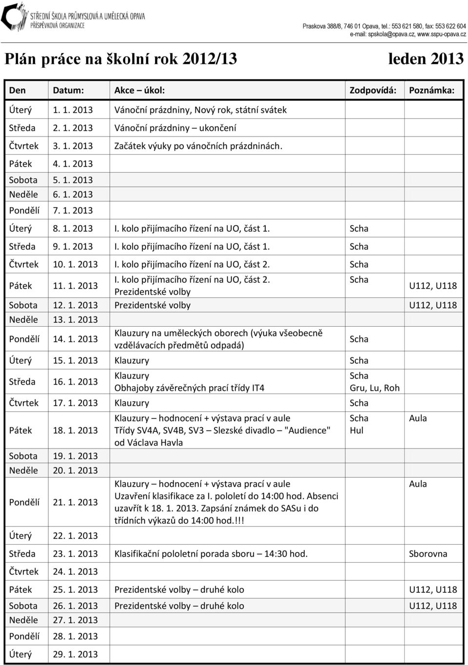 1. 2013 I. kolo přijímacího řízení na UO, část 2. Pátek 11. 1. 2013 I. kolo přijímacího řízení na UO, část 2. Prezidentské volby U112, U118 Sobota 12. 1. 2013 Prezidentské volby U112, U118 Neděle 13.