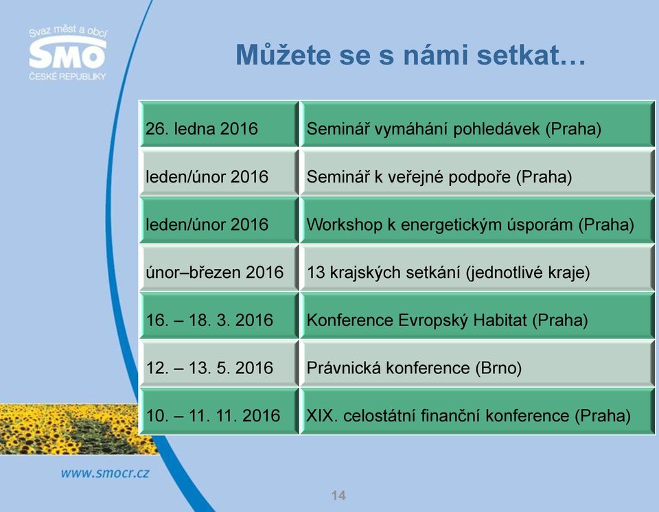 Seminář k veřejné podpoře (Praha) Workshop k energetickým úsporám (Praha) 13 krajských setkání