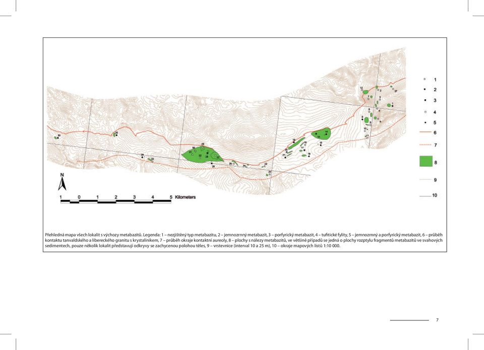 metabazit, 6 průběh kontaktu tanvaldského a libereckého granitu s krystalinikem, 7 průběh okraje kontaktní aureoly, 8 plochy s nálezy