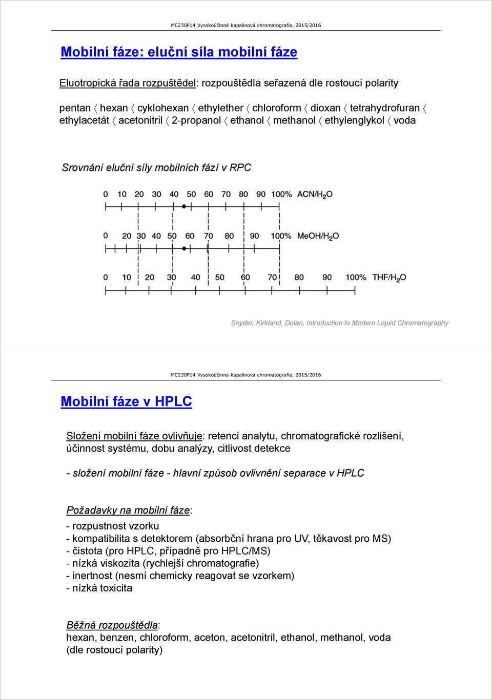 mobilní fáze ovlivňuje: retenci analytu, chromatografické rozlišení, účinnost systému, dobu analýzy, citlivost detekce - složení mobilní fáze - hlavní způsob ovlivnění separace v HPLC Požadavky na