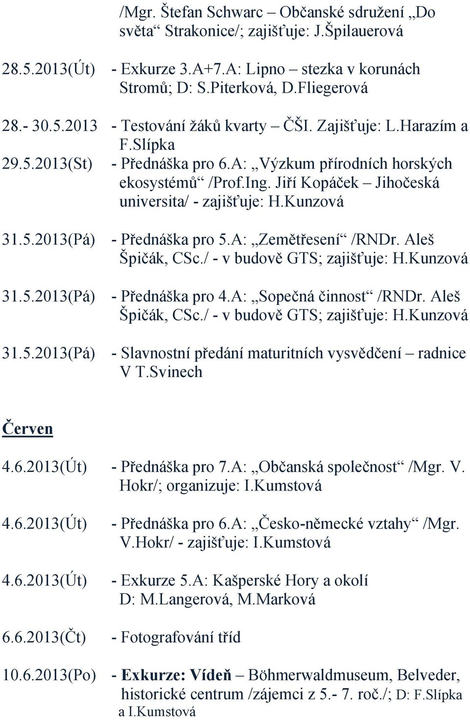 A: Zemětřesení /RNDr. Aleš Špičák, CSc./ - v budově GTS; zajišťuje: H.Kunzová 31.5.2013(Pá) - Přednáška pro 4.A: Sopečná činnost /RNDr. Aleš Špičák, CSc./ - v budově GTS; zajišťuje: H.Kunzová 31.5.2013(Pá) - Slavnostní předání maturitních vysvědčení radnice V T.