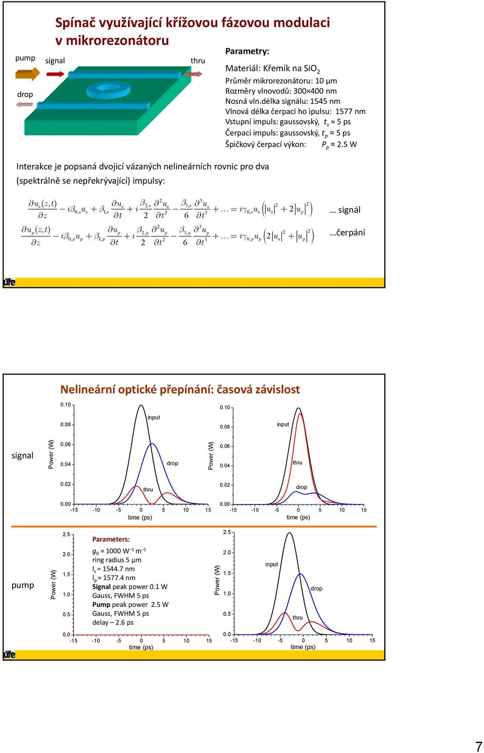 délka signálu: 545 nm Vlnová délka čerpací ho ipulsu: 577 nm Vstupní impuls: gaussovský, t s 5 ps Čerpací impuls: gaussovský, t p 5 ps Špičkový čerpací výkon: P p.