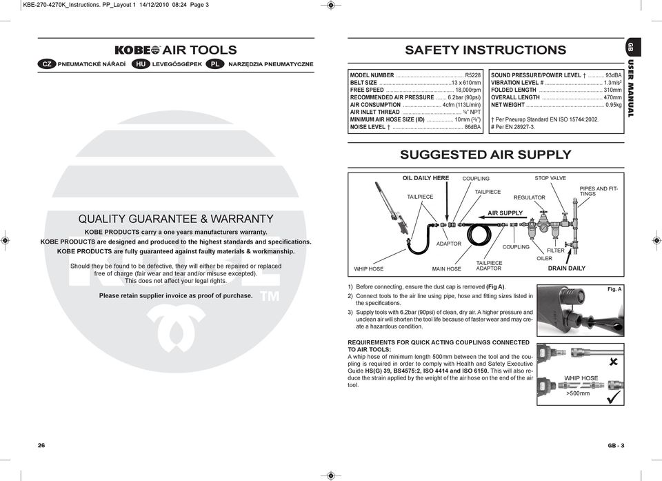 .. 86dBA SOUND PRESSURE/POWER LEVEL... 93dBA VIBRATION LEVEL #... 1.3m/s 2 FOLDED LENGTH... 310mm OVERALL LENGTH... 470mm NET WEIGHT... 0.95kg Per Pneurop Standard EN ISO 15744:2002. # Per EN 28927-3.