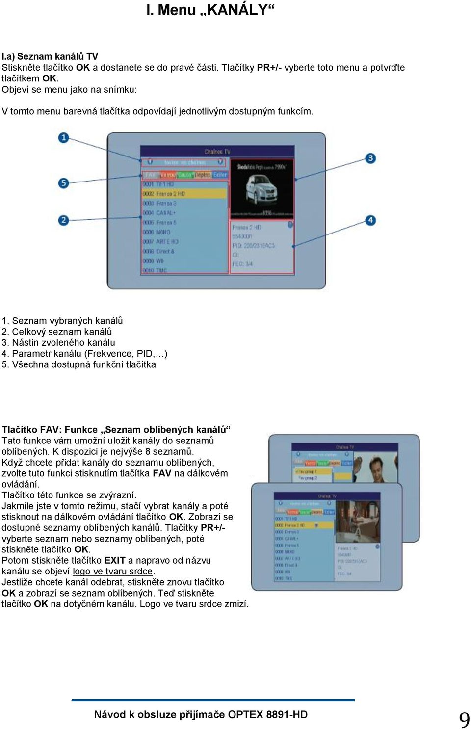 Parametr kanálu (Frekvence, PID, ) 5. Všechna dostupná funkční tlačítka Tlačítko FAV: Funkce Seznam oblíbených kanálů Tato funkce vám umoţní uloţit kanály do seznamů oblíbených.