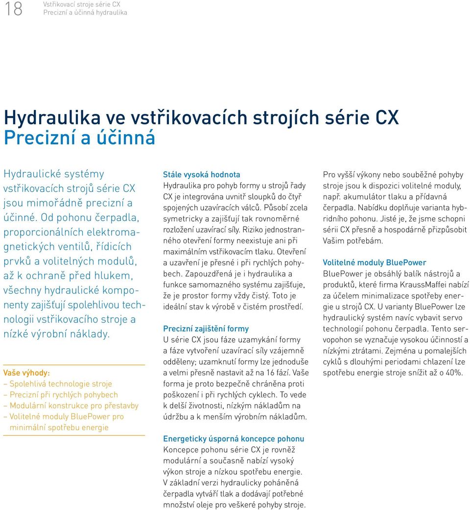 Od pohonu čerpadla, proporcionálních elektromagnetických ventilů, řídicích prvků a volitelných modulů, až k ochraně před hlukem, všechny hydraulické komponenty zajišťují spolehlivou technologii