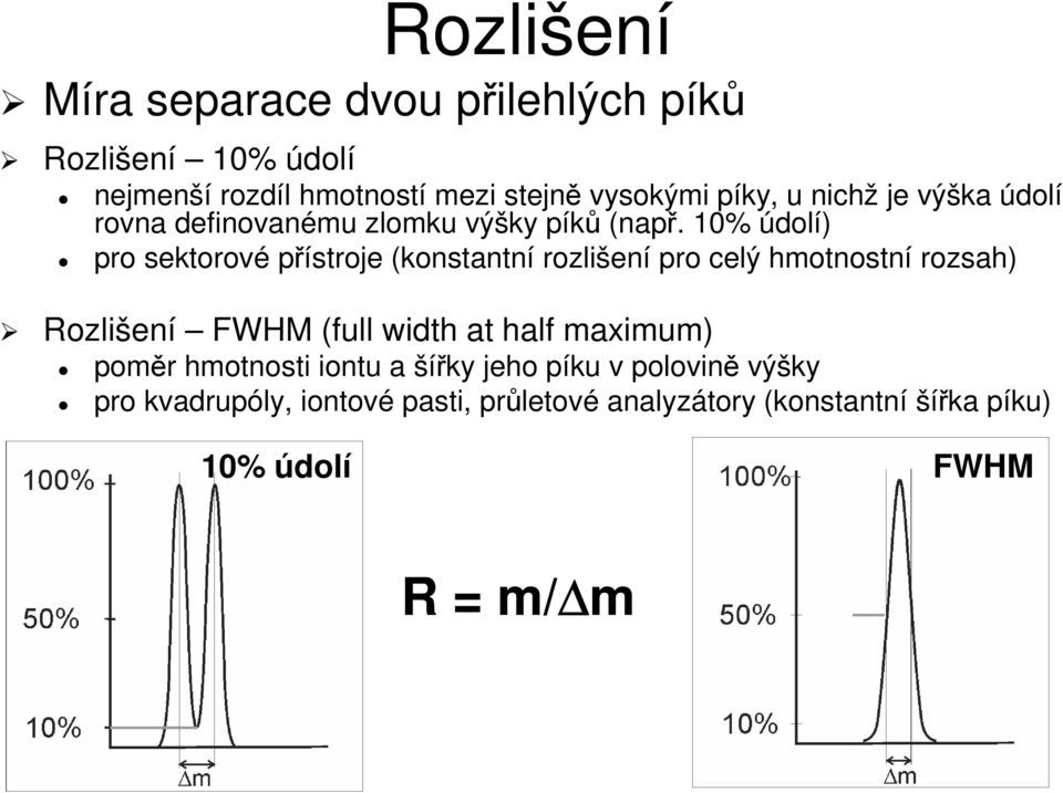 10% údolí) pro sektorové pístroje (konstantní rozlišen ení pro celý hmotnostní rozsah) Rozlišen ení FWHM (full( width at