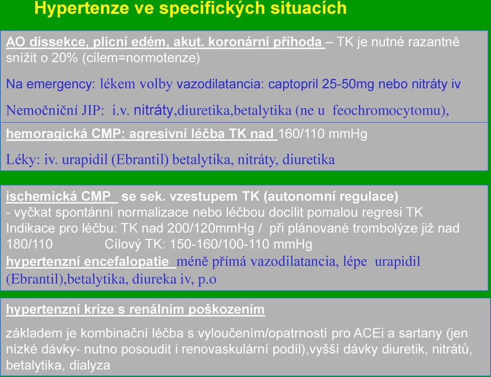 lby vazodilatancia: captopril 25-50mg nebo nitráty iv Nemočniční JIP: i.v. nitráty,diuretika,betalytika (ne u feochromocytomu), urapidil hemoragická CMP: agresivní léčba TK nad 160/110 mmhg Léky: iv.