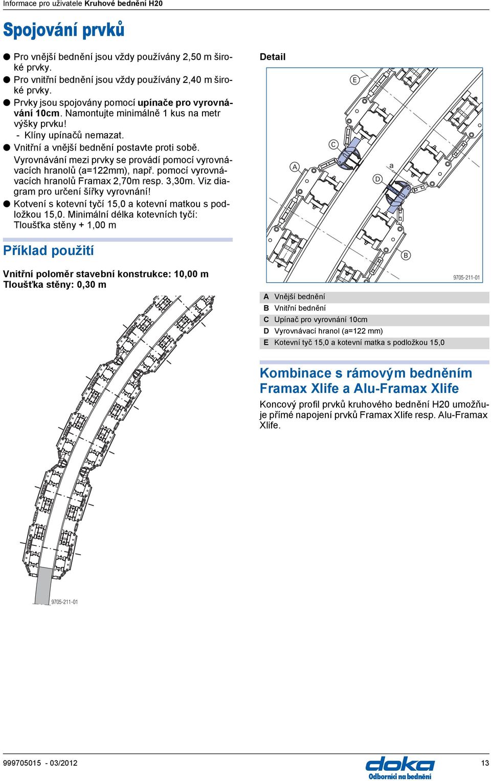 pomocí vyrovnávacích hranolů Framax 2,70m resp. 3,30m. Viz diagram pro určení šířky vyrovnání! Kotvení s kotevní tyčí 15,0 a kotevní matkou s podložkou 15,0.