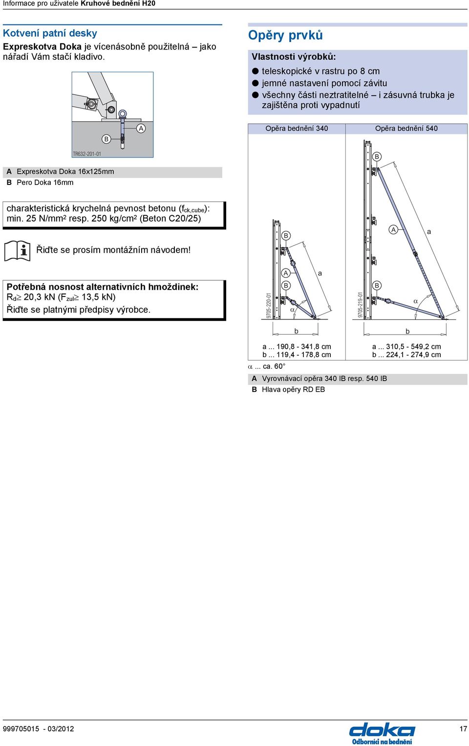540 TR632-201-01 Expreskotva Doka 16x125mm Pero Doka 16mm charakteristická krychelná pevnost betonu (f ck,cube ): min. 25 N/mm 2 resp. 250 kg/cm 2 (eton C20/25) a Řiďte se prosím montážním návodem!
