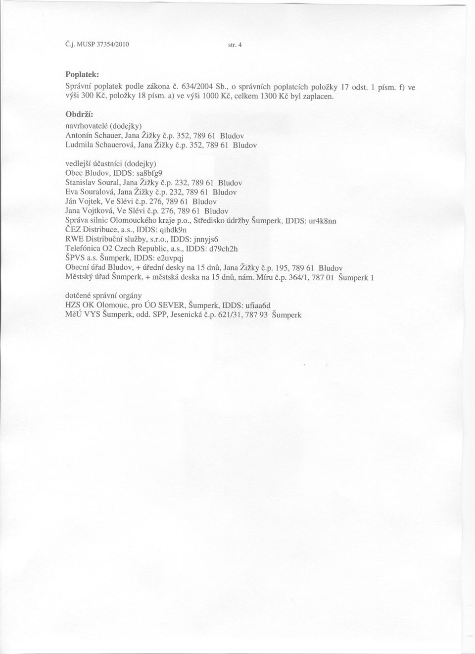 p. 352, 789 61 Bludov vedlejší úcastníci (dodejky) Obec Bludov, IDDS: sa8bfg9 Stanislav Soural, Jana Žižky c.p. 232, 789 61 Bludov Eva Souralová, Jana Žižky c.p. 232, 789 61 Bludov Ján Vojtek, Ve Slévi c.