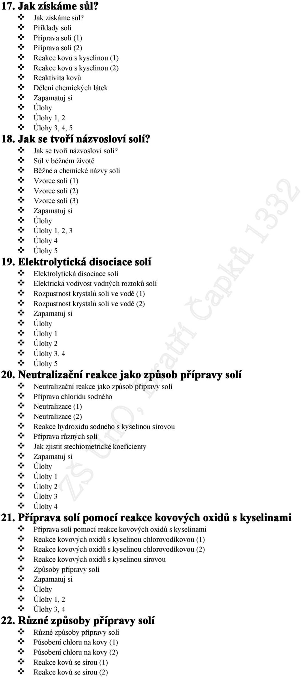 Elektrolytická disociace solí Elektrolytická disociace solí Elektrická vodivost vodných roztoků solí Rozpustnost krystalů soli ve vodě (1) Rozpustnost krystalů soli ve vodě (2) 1 2 3, 4 5 20.