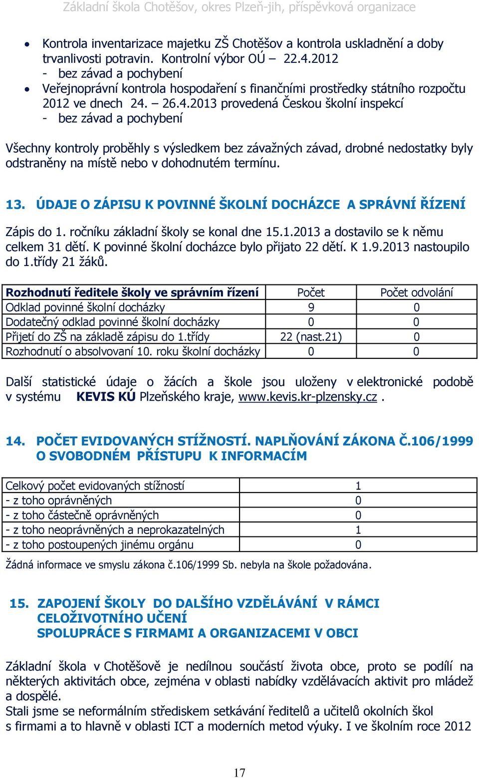 26.4.2013 provedená Českou školní inspekcí - bez závad a pochybení Všechny kontroly proběhly s výsledkem bez závaţných závad, drobné nedostatky byly odstraněny na místě nebo v dohodnutém termínu. 13.