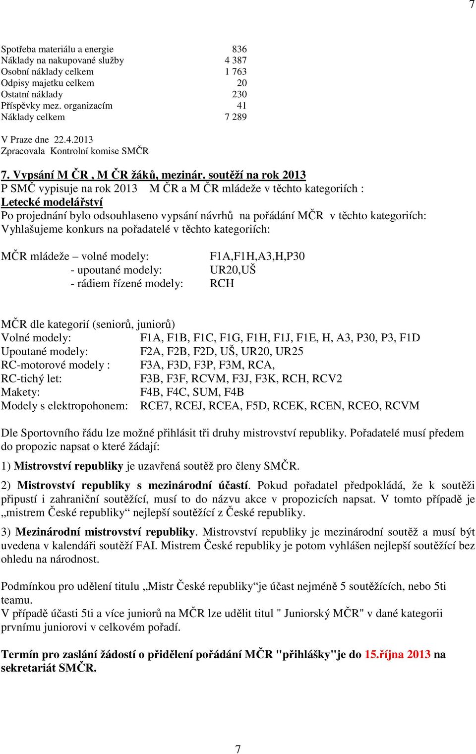 soutěží na rok 2013 P SMČ vypisuje na rok 2013 M ČR a M ČR mládeže v těchto kategoriích : Letecké modelářství Po projednání bylo odsouhlaseno vypsání návrhů na pořádání MČR v těchto kategoriích: