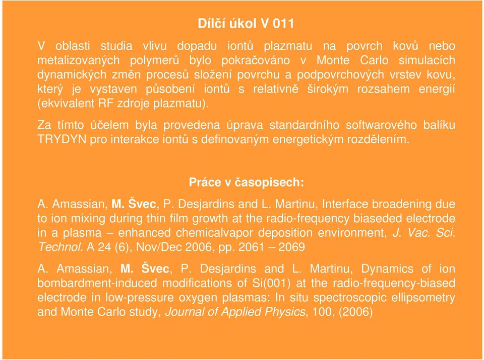 Za tímto účelem byla provedena úprava standardního softwarového balíku TRYDYN pro interakce iontů s definovaným energetickým rozdělením. Práce v časopisech: A. Amassian, M. Švec, P. Desjardins and L.