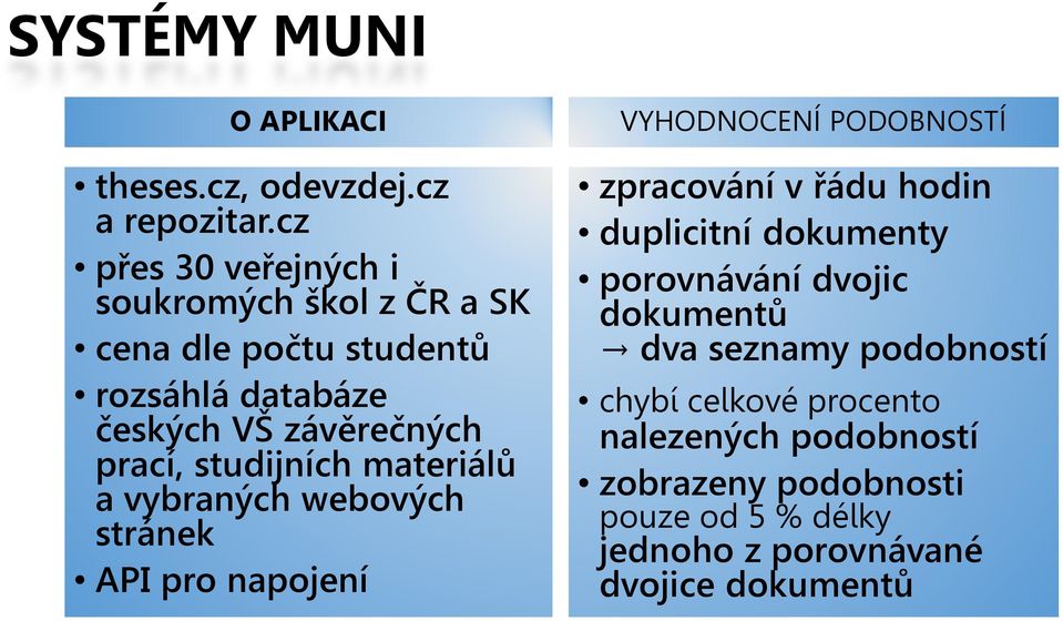 studijních materiálů a vybraných webových stránek API pro napojení VYHODNOCENÍ PODOBNOSTÍ zpracování v řádu hodin