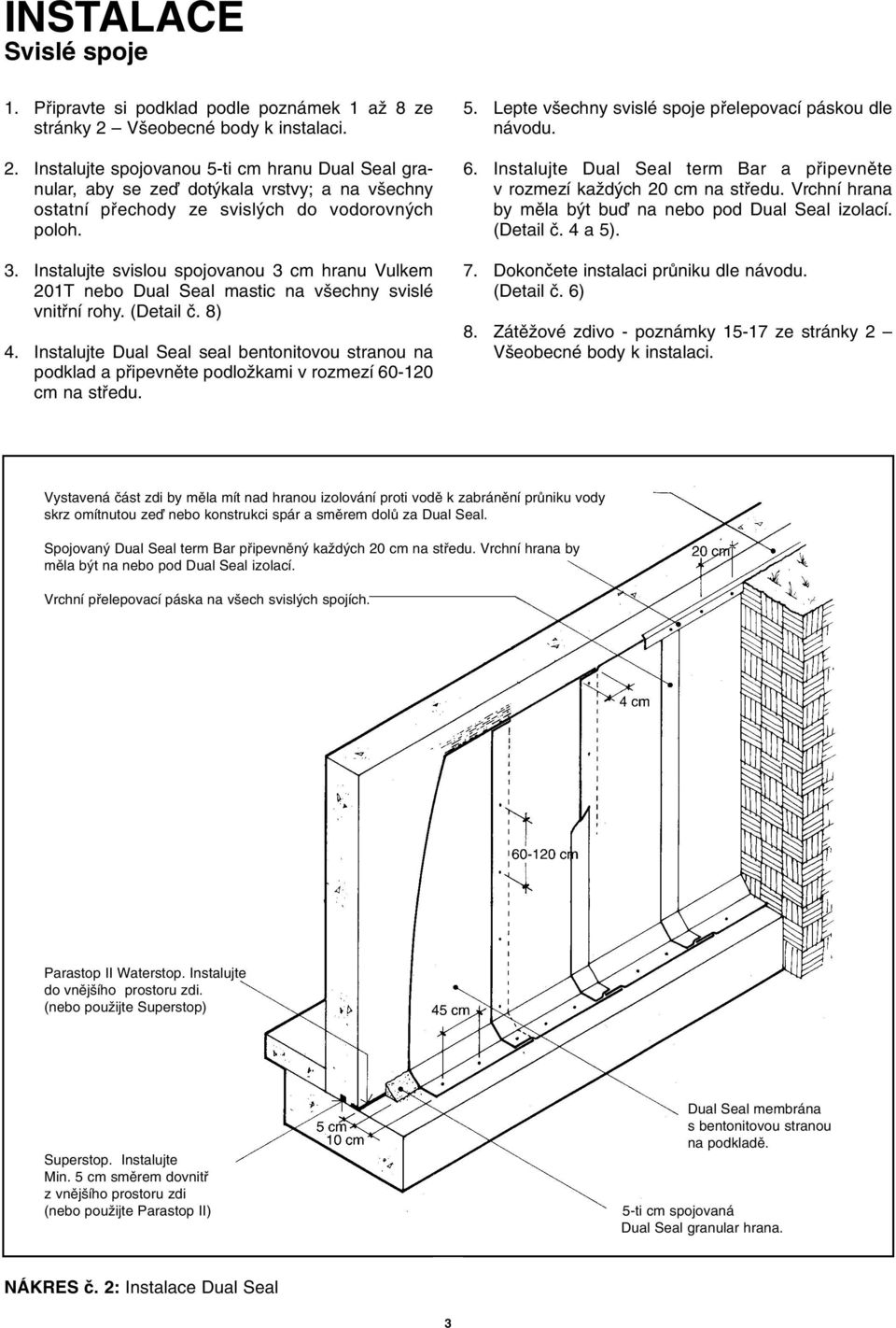 Instalujte svislou spojovanou 3 cm hranu Vulkem 201T nebo Dual Seal mastic na v echny svislé vnitfiní rohy. (Detail ã. 8) 4.